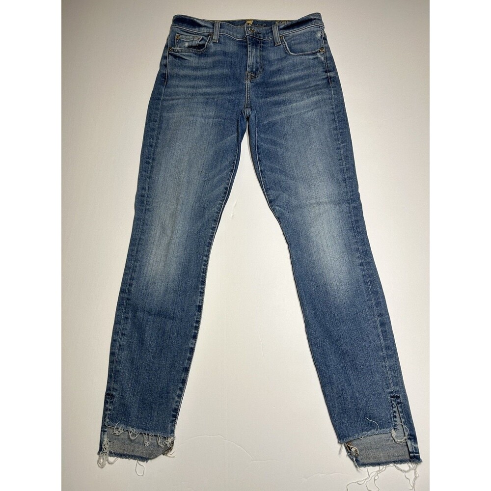 7 For All Mankind Womens Blue Jeans Ankle Skinny Size 25 X26 Frayed Hem Med Wash